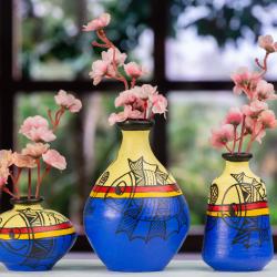 Terracotta Madhubani Handpainted Pots Multicolor Set Of 3