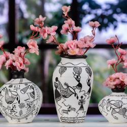 Warli Madhubani Painted Pot set of 3 for Home/Festive Decor  купить оптом