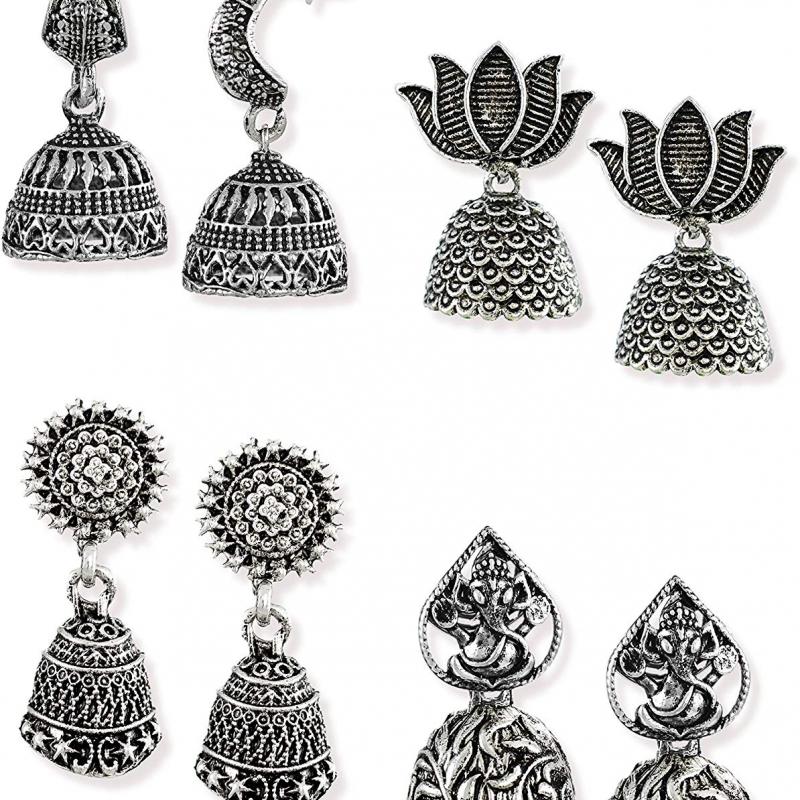 Pack of Four Finely Detailed & Designer Oxidised Jhumki Earrings buy wholesale - company Grahakji | India