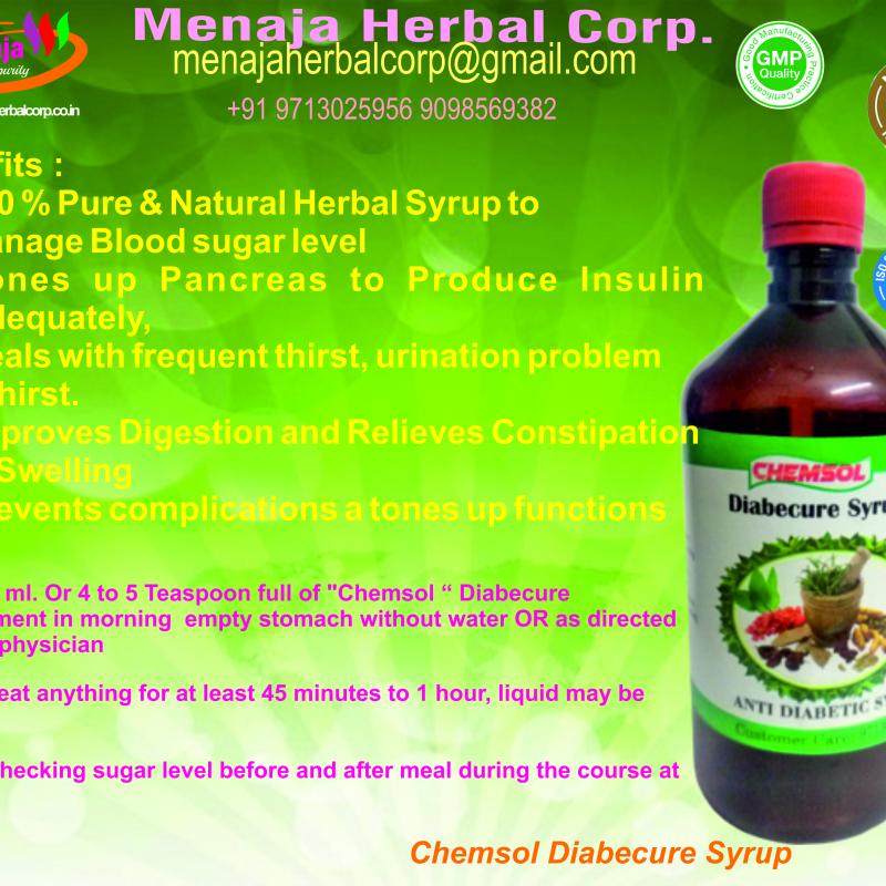 Chemsol DiabeCure Syrup (Anti Diabetic Syrup) buy wholesale - company Menaja Herbal Corp | India