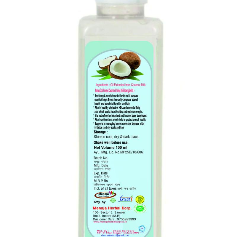 Menaja Cold Pressed Virgin Coconut Oil 100 ml buy wholesale - company Menaja Herbal Corp | India