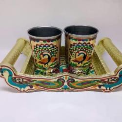 Vrinda's Royal Peacock Design Handcrafted Serving Tray Sets with 2 Glasses  buy on the wholesale