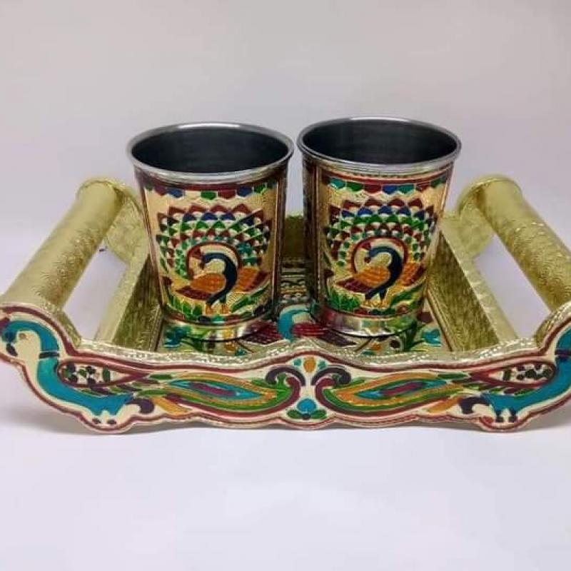 Vrinda's Royal Peacock Design Handcrafted Serving Tray Sets with 2 Glasses  buy wholesale - company Viyona Impex | India