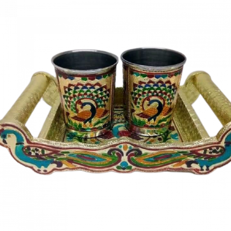 Vrinda's Royal Peacock Design Handcrafted Serving Tray Sets with 2 Glasses  buy wholesale - company Viyona Impex | India