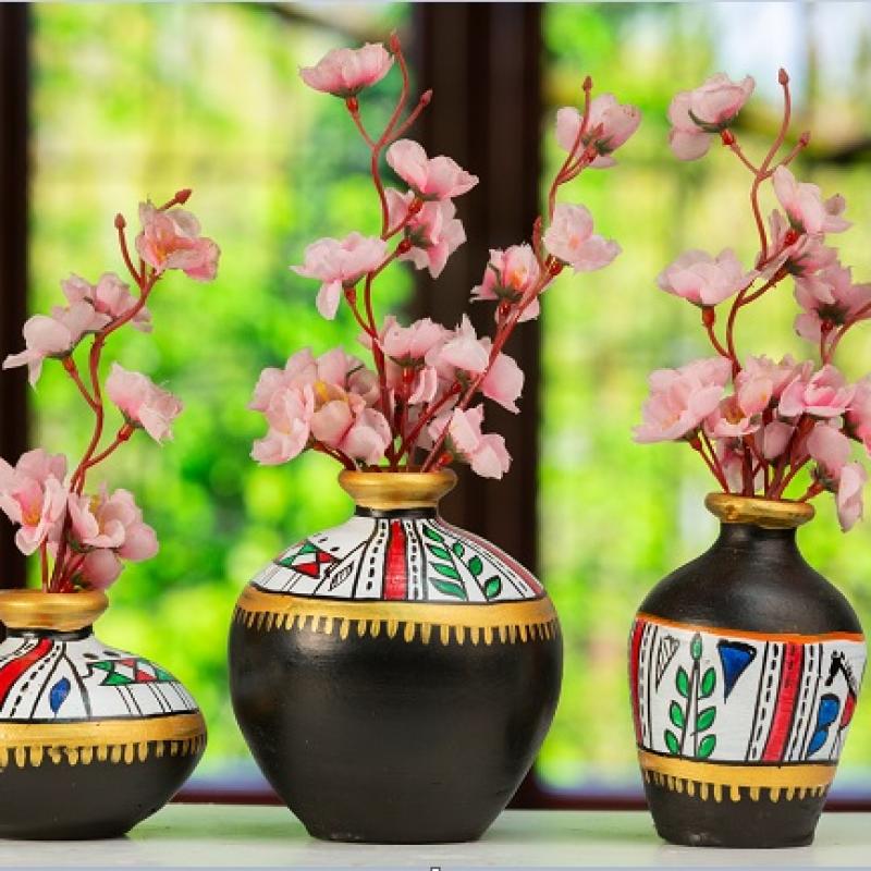 Warli Painting Terracotta Pot Set Home Decoration buy wholesale - company Manmayee Handicrafts | India