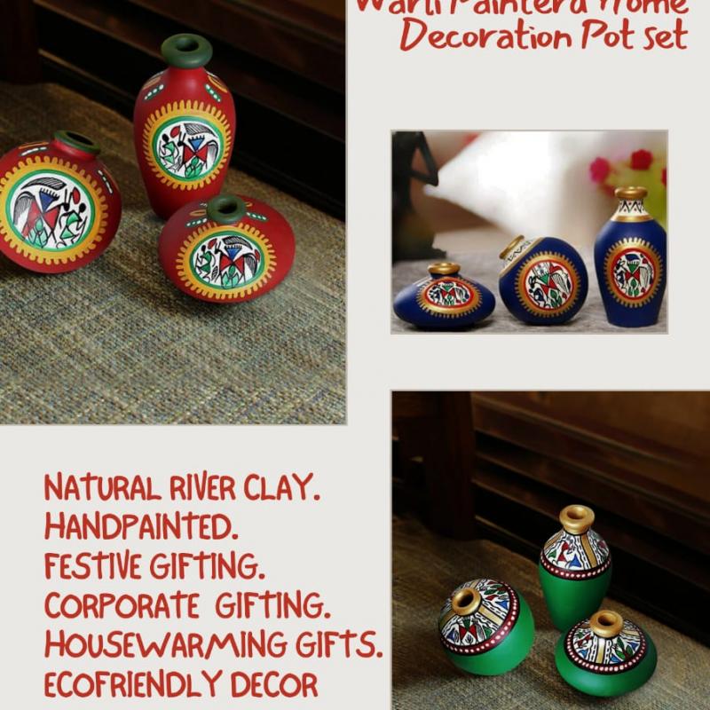 Unique Festivel Gifting Handpainted Warli Pot set Manufacturer Exporter Wholesaler buy wholesale - company Manmayee Handicrafts | India